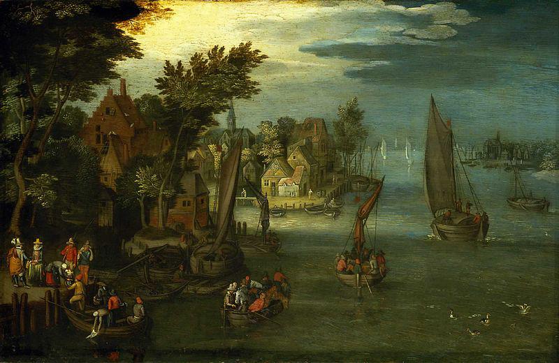 Jan Brueghel A Busy River Scene with Dutch Vessels and a Ferry